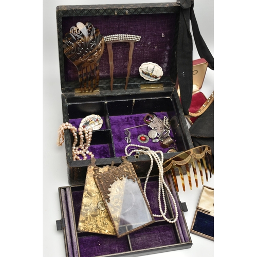 119 - A JEWELLERY BOX WITH CONTENTS AND OTHER ITEMS, black multi storage jewellery box, with contents to i... 