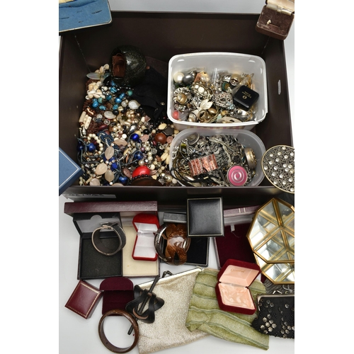 120 - A BOX OF ASSORTED COSTUME JEWELLERY, to include beaded necklaces, clip on earrings, bangles, chain n... 