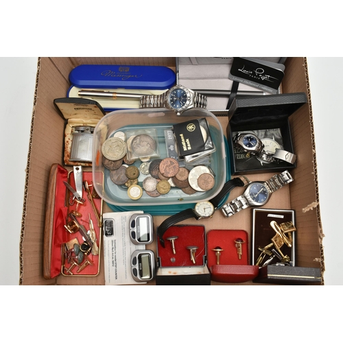 121 - A BOX OF ASSORTED ITEMS, to include two Sekonda wristwatches, an Oskar Emil automatic wristwatch, bo... 