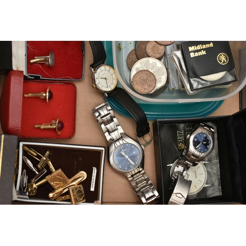 121 - A BOX OF ASSORTED ITEMS, to include two Sekonda wristwatches, an Oskar Emil automatic wristwatch, bo... 