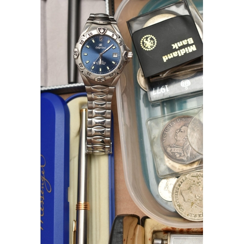 121 - A BOX OF ASSORTED ITEMS, to include two Sekonda wristwatches, an Oskar Emil automatic wristwatch, bo... 