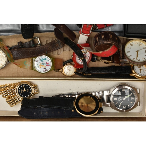 125 - A BOX OF ASSORTED WRISTWATCHES, a selection of watches, names to include, Swatch, Disney, H Samuel, ... 