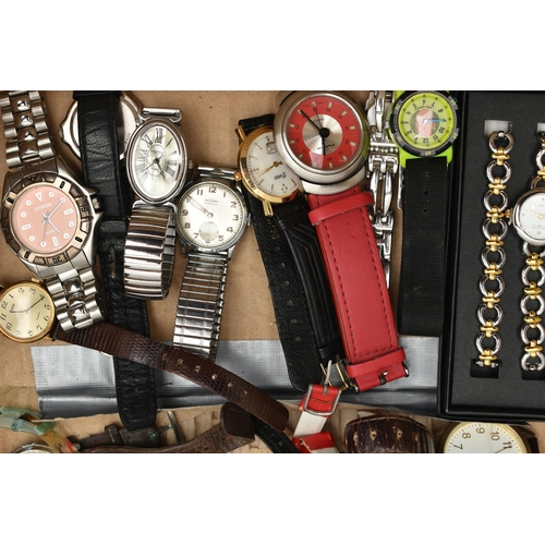 125 - A BOX OF ASSORTED WRISTWATCHES, a selection of watches, names to include, Swatch, Disney, H Samuel, ... 