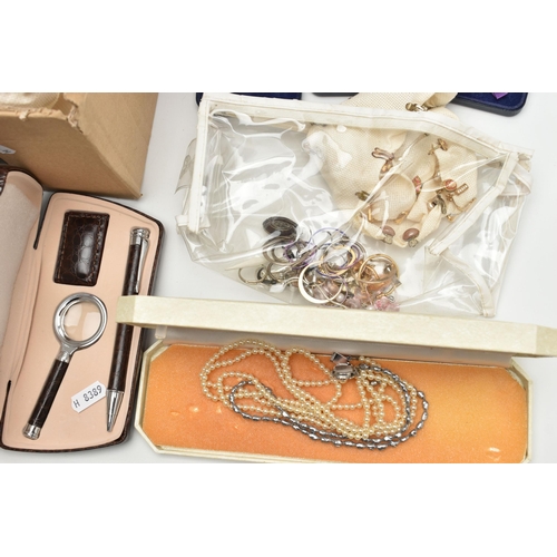 127 - A BOX OF ASSORTED COSTUME JEWELLERY, to include assorted beaded necklaces, clip on earrings, pierced... 