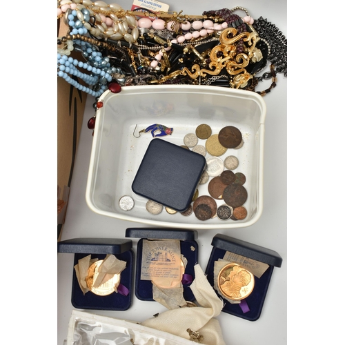 127 - A BOX OF ASSORTED COSTUME JEWELLERY, to include assorted beaded necklaces, clip on earrings, pierced... 