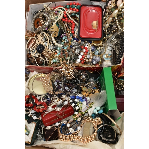 127 - A BOX OF ASSORTED COSTUME JEWELLERY, to include assorted beaded necklaces, clip on earrings, pierced... 