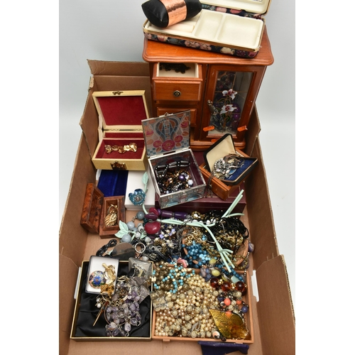 132 - A BOX OF ASSORTED COSTUME JEWELLERY, to include a wooden jewellery box, a burgundy jewellery box, a ... 