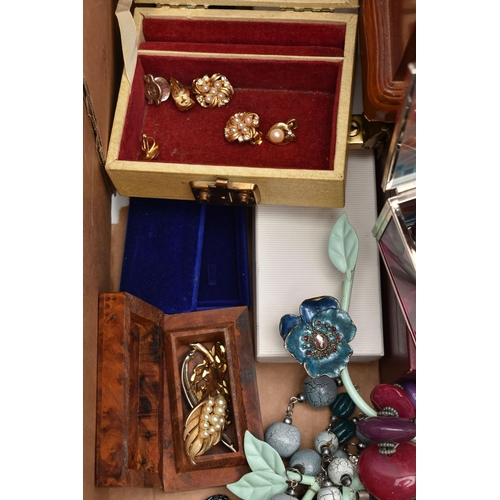 132 - A BOX OF ASSORTED COSTUME JEWELLERY, to include a wooden jewellery box, a burgundy jewellery box, a ... 