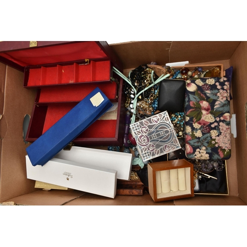 132 - A BOX OF ASSORTED COSTUME JEWELLERY, to include a wooden jewellery box, a burgundy jewellery box, a ... 