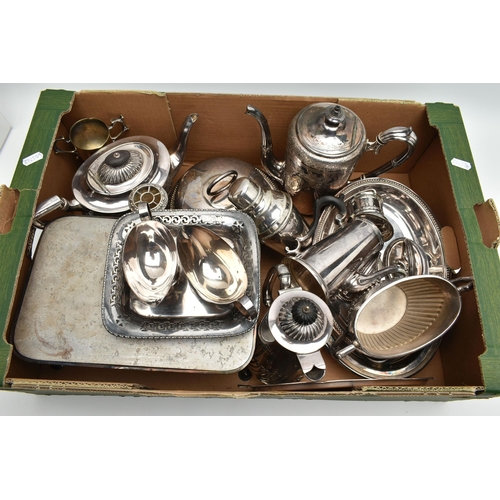 134 - A BOX OF ASSORTED WHITE METAL, to include a cocktail shaker, a tea pot, two coffee pots, a sugar bow... 