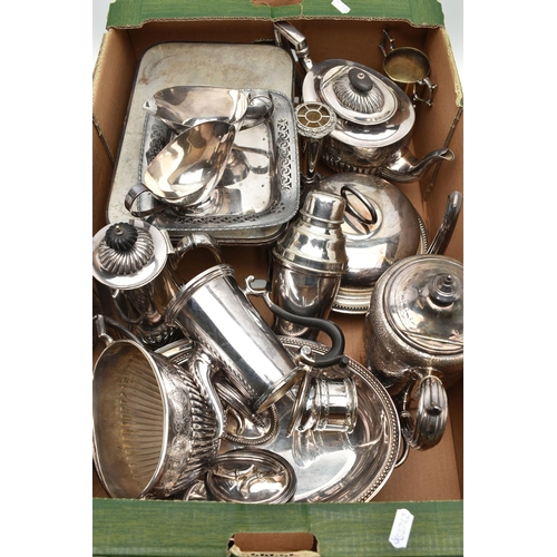 134 - A BOX OF ASSORTED WHITE METAL, to include a cocktail shaker, a tea pot, two coffee pots, a sugar bow... 