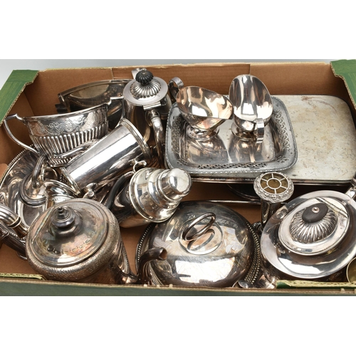 134 - A BOX OF ASSORTED WHITE METAL, to include a cocktail shaker, a tea pot, two coffee pots, a sugar bow... 