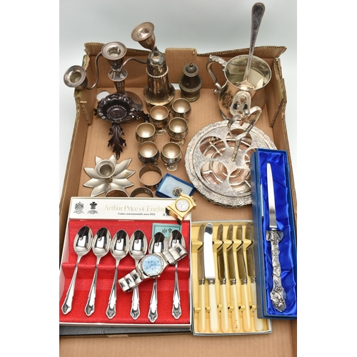 135 - A BOX OF ASSORTED WHITE METAL, to include a boxed set of six 'Arthur Price' teaspoons, a boxed set o... 