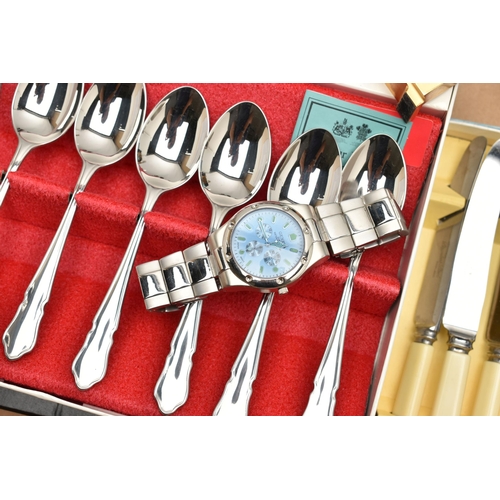 135 - A BOX OF ASSORTED WHITE METAL, to include a boxed set of six 'Arthur Price' teaspoons, a boxed set o... 