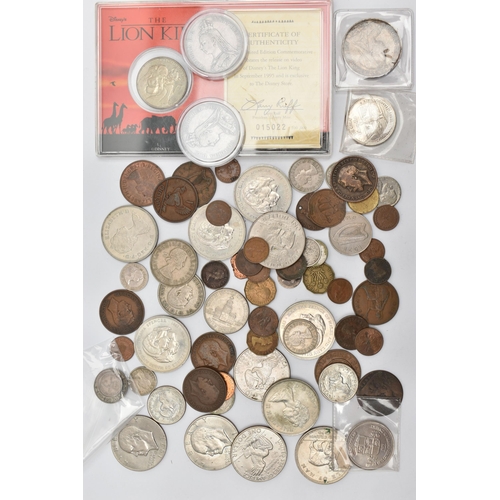 137 - A SMALL BOX OF MIXED COINS, to include a Lion King Disney commemorative coin in sealed capsule, a go... 