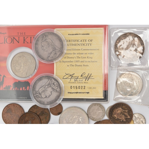 137 - A SMALL BOX OF MIXED COINS, to include a Lion King Disney commemorative coin in sealed capsule, a go... 