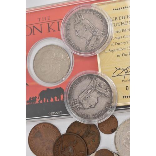 137 - A SMALL BOX OF MIXED COINS, to include a Lion King Disney commemorative coin in sealed capsule, a go... 