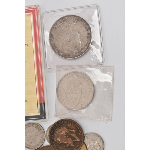 137 - A SMALL BOX OF MIXED COINS, to include a Lion King Disney commemorative coin in sealed capsule, a go... 