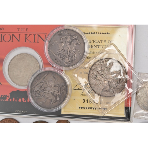 137 - A SMALL BOX OF MIXED COINS, to include a Lion King Disney commemorative coin in sealed capsule, a go... 