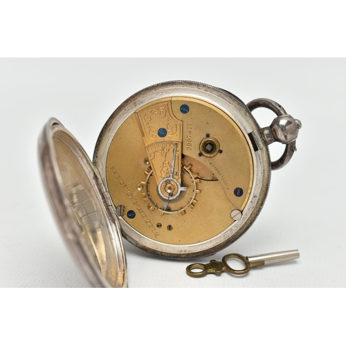 141 - A LATE VICTORIAN SILVER OPEN FACE POCKET WATCH, key wound, round white  dial, Roman numerals, subsid... 