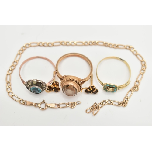 95 - THREE RINGS, BRACELET AND EARRINGS, to include a 9ct gold smoky quartz ring, collet set within a fin... 