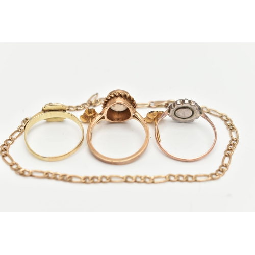 95 - THREE RINGS, BRACELET AND EARRINGS, to include a 9ct gold smoky quartz ring, collet set within a fin... 