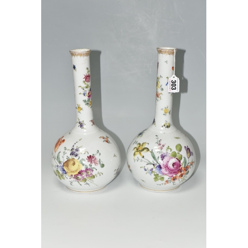 303 - A PAIR OF PFVA DRESDEN STYLE ONION SHAPED VASES HAND PAINTED WITH DEUTCHE BLUMEN, gilt rims, painted... 