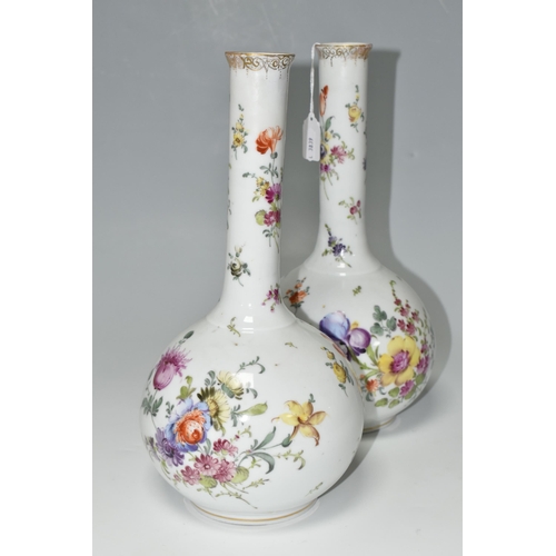 303 - A PAIR OF PFVA DRESDEN STYLE ONION SHAPED VASES HAND PAINTED WITH DEUTCHE BLUMEN, gilt rims, painted... 