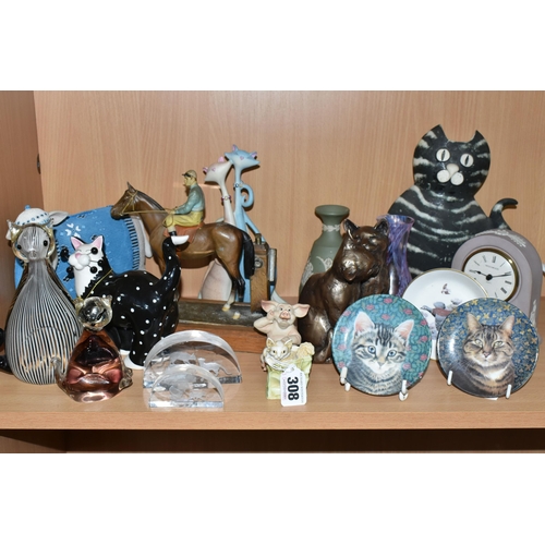 308 - A GROUP OF CERAMICS, GLASS AND OTHER ORNAMENTS, to include a lilac Wedgwood Jasperware mantel clock ... 