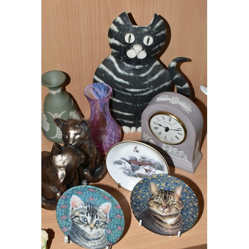 308 - A GROUP OF CERAMICS, GLASS AND OTHER ORNAMENTS, to include a lilac Wedgwood Jasperware mantel clock ... 