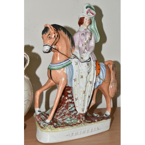 311 - A PAIR OF VICTORIAN STAFFORDSHIRE FIGURES AND A LATE NINETEENTH CENTURY PLANTER, the Staffordshire f... 