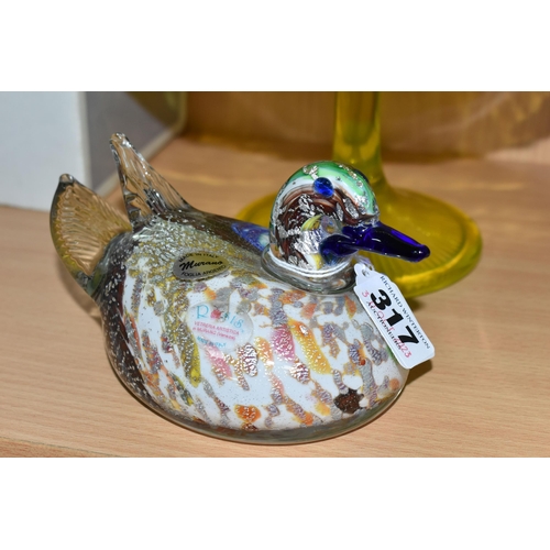 317 - THREE PIECES OF GLASS, comprising a multicoloured Murano Rosis duck paperweight, signed to base, a C... 