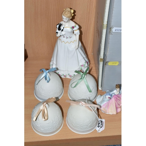 320 - THREE ROYAL DOULTON FIGURINES, LLADRO FOUR SEASONS BELLS AND A BOXED LLADRO FIGURE, comprising  Roya... 