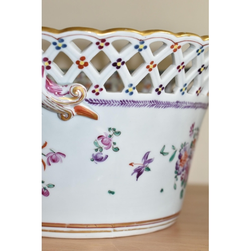 323 - TWO LATE 19TH / EARLY 20TH CENTURY CONTINENTAL PORCELAIN TWIN HANDLED CIRCULAR POLYCHROME CACHE POTS... 