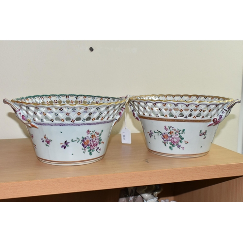 323 - TWO LATE 19TH / EARLY 20TH CENTURY CONTINENTAL PORCELAIN TWIN HANDLED CIRCULAR POLYCHROME CACHE POTS... 