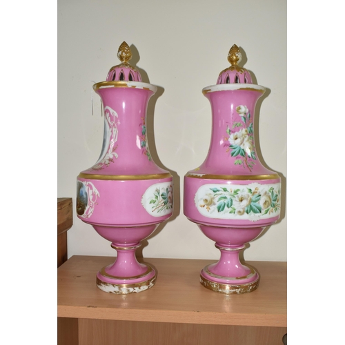 324 - A PAIR OF LATE 19TH CENTURY FRENCH PORCELAIN POT POURRI PEDESTAL BALUSTER VASES AND COVERS, Rose Du ... 