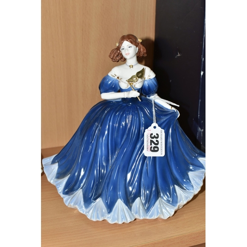 329 - FOUR COALPORT LADY FIGURES, TWO BOXED AND A BOXED ROYAL WORCESTER FIGURE GROUP 'HAPPY ANNIVERSARY' f... 