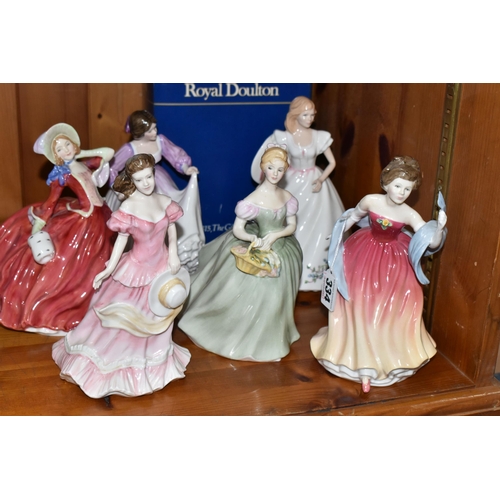 334 - SIX ROYAL DOULTON LADY FIGURES, comprising 'Amy' HN3854, 'Amy's Sister' HN3445, 'Autumn Breezes' HN1... 