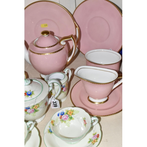 339 - THREE TEA SETS BY NORITAKE, ROYAL DOULTON AND BELL CHINA, the Noritake being a tea for two set decor... 