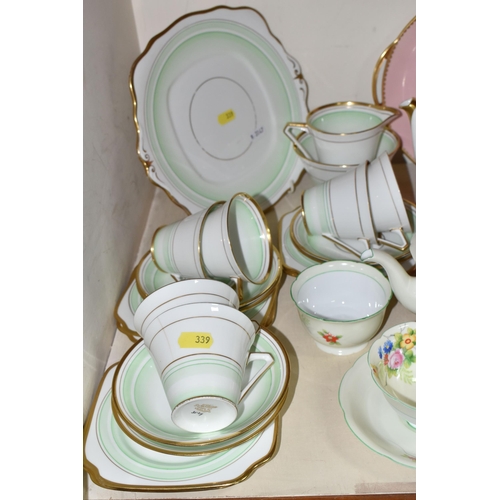 339 - THREE TEA SETS BY NORITAKE, ROYAL DOULTON AND BELL CHINA, the Noritake being a tea for two set decor... 