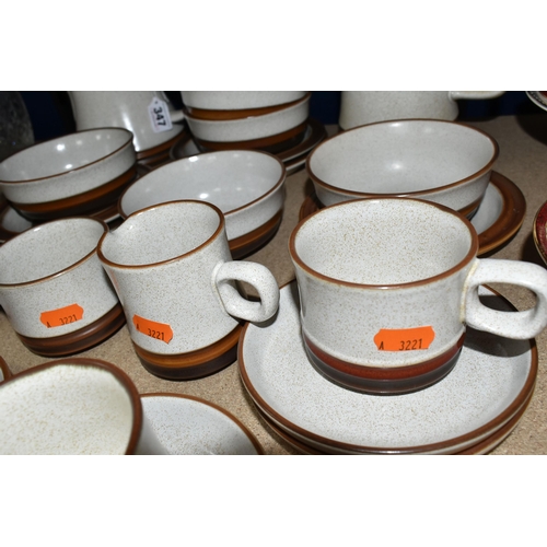 347 - A TWENTY EIGHT PIECE DENBY 'POTTER'S WHEEL (TAN CENTRE)' BREAKFAST SET, comprising a teapot, a coffe... 