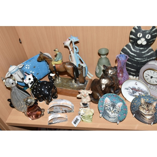 308 - A GROUP OF CERAMICS, GLASS AND OTHER ORNAMENTS, to include a lilac Wedgwood Jasperware mantel clock ... 