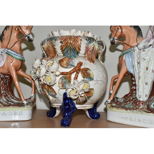 311 - A PAIR OF VICTORIAN STAFFORDSHIRE FIGURES AND A LATE NINETEENTH CENTURY PLANTER, the Staffordshire f... 