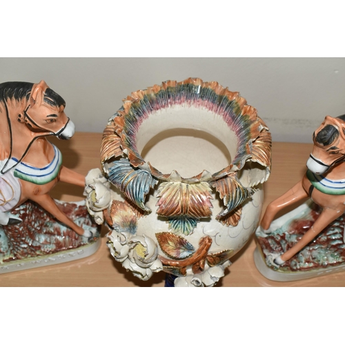 311 - A PAIR OF VICTORIAN STAFFORDSHIRE FIGURES AND A LATE NINETEENTH CENTURY PLANTER, the Staffordshire f... 