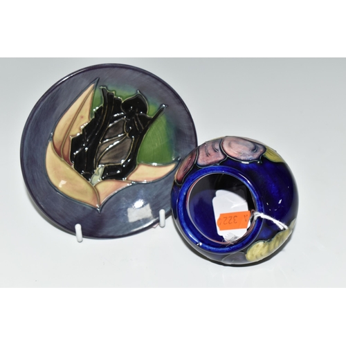 315 - TWO PIECES OF MOORCROFT POTTERY, comprising a pin dish in 'Black Tulip' pattern on a grey-purple and... 