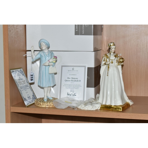 316 - TWO BOXED ROYAL DOULTON ROYAL FIGURES, limited editions with certificates, comprising 'HM Queen Eliz... 