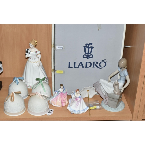 320 - THREE ROYAL DOULTON FIGURINES, LLADRO FOUR SEASONS BELLS AND A BOXED LLADRO FIGURE, comprising  Roya... 