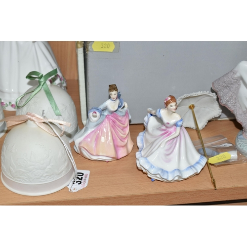 320 - THREE ROYAL DOULTON FIGURINES, LLADRO FOUR SEASONS BELLS AND A BOXED LLADRO FIGURE, comprising  Roya... 