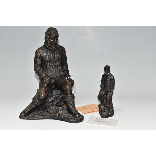 321 - TWO JOHN LETTS BRONZED RESIN SCULPTURES, of fishermen, the largest modelled resting on a wall, smoki... 