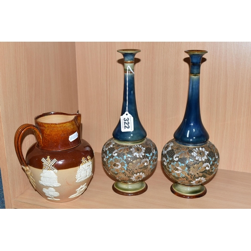 322 - A PAIR OF DOULTON LAMBETH SLATER'S PATENT VASES AND A DOULTON LAMBETH HARVEST JUG, each vase with a ... 